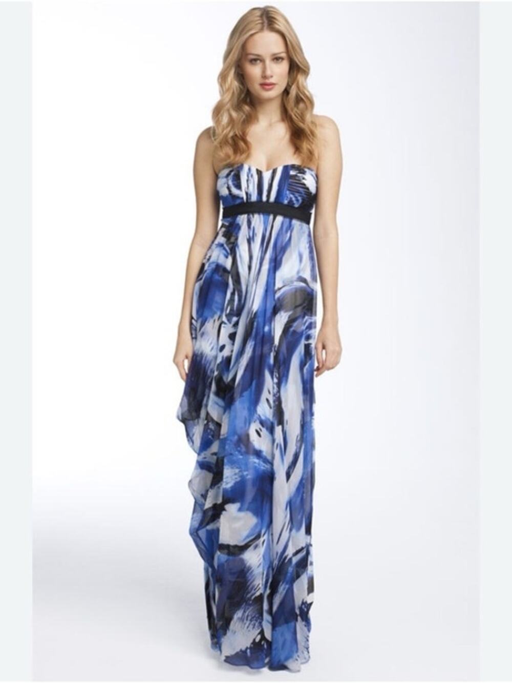 BCBG Maxazaria Strapless Silk Blue Print Maxi Dress with Black Waistband
